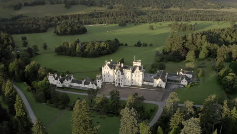 An-aerial-view-of-Blair-Castle-at-dawn,-near-Blair-Atholl-in-Perthshire,-Scotland