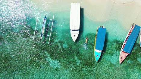 Aerial,-Tourist-snorkeling-between-the-fishing-boats-floating-in-the-crystal-clear-seawater-near-the-tropical-sandy-beach