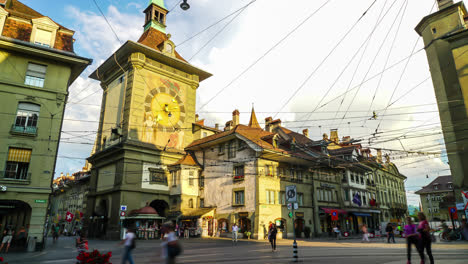 Bern-Switzerland,-circa-:-timelapse-Shopping-Street-with-Clock-Tower-at-Bern-City-in-Switzerland