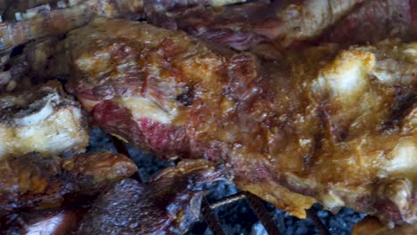 Different-types-and-cuts-of-meat-meat-cooking-in-a-traditional-Asado,-Argentina