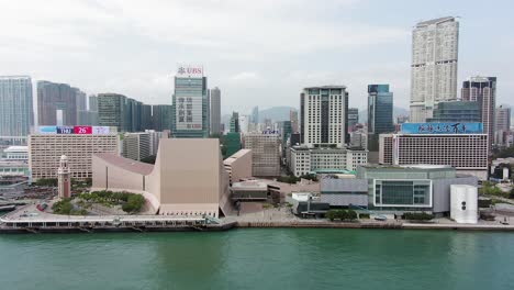 Hong-Kong-culture-centre,-Tsim-Sha-Tsui-pier-and-skyscrapers,-Aerial-view