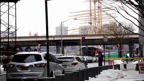 Snow-on-the-streets-of-the-Financial-district,-downtown-New-York-City-during-the-Winter