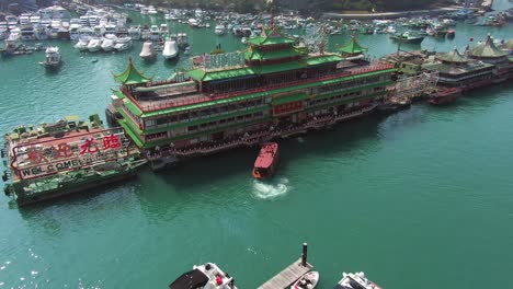 Aerial-view-of-famous-Jumbo-floating-restaurant-in-Hong-Kong-Aberdeen-Harbour-typhoon-shelter