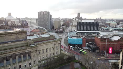 Aerial-view-rising-above-St-Georges-Hall-Liverpool-city-skyline-empty-streets-during-corona-virus-pandemic-tilt-down