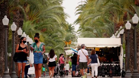 Locked-shot-of-Pedestrians-wearing-hygienic-masks-due-to-coronavirus-in-Alicante,-Spain