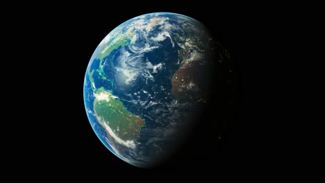 Realistische-Erde-Aus-Dem-Weltraum,-Die-Sich-Um-Ihre-Achse-Dreht,-Tag-Nacht-Zyklus
