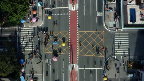 Aerial-drone-top-down-bird's-eye-ascending-shot-of-the-famous-Paulista-Avenue-in-the-center-of-São-Paulo-with-large-skyscrapers-surrounding-a-closed-off-intersection-with-crowds-of-people-walking
