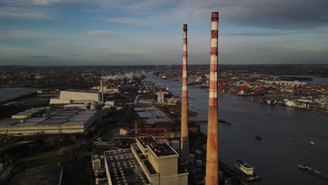 Electricity-supply-board-Ireland-Poolbeg-station-chimneys-emitting-smoke