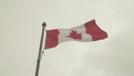 Kanadische-Flagge-Auf-Der-Stange-Winkt-Im-Wind,-Bewölkter-Himmel