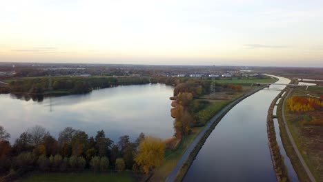 Aerial-footage-of-the-lake-and-canal-in-4K