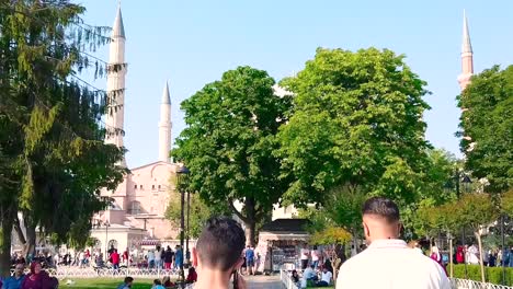 Hyperlapse-video:-Unidentfied-people-walk-around-and-explore-Hagia-Sophia-Museum,-a-popular-landmark-in-Istanbul,-Turkey