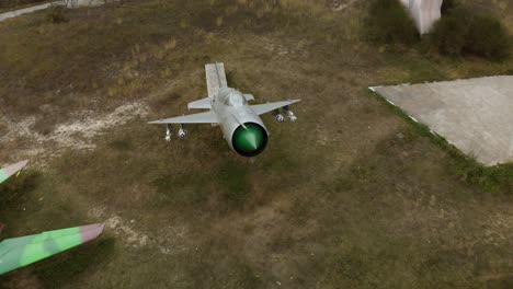 Aerial-close-shot-around-airplane-fighter-nose