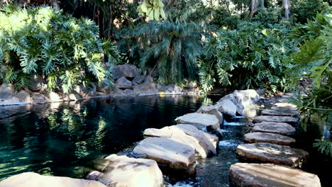 Stone-pathway-over-pond-flowing-from-waterfall,-Toowoomba-Queensland