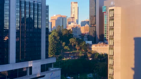 Edificios-De-La-Ciudad-De-Brisbane-Con-Un-Parque-Justo-Antes-Del-Atardecer