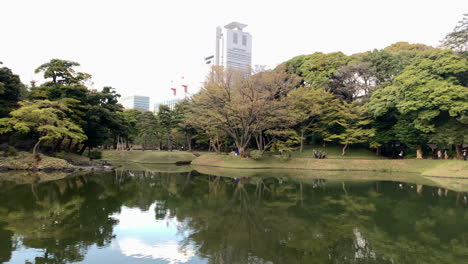 Panoramic-of-the-trees-and-lake-at-Koishikawa-Botanical-Garden,-Japan