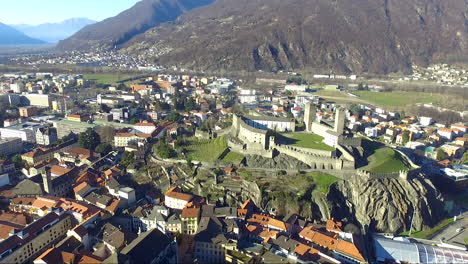 Drone-view-of-Bellinzona-Castelgrande,-Ticino-Switzerland