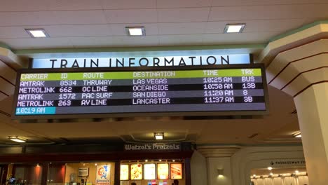 Eine-Informationstafel-Für-Züge,-Die-Die-Ziele-Ab-Los-Angeles-Union-Station-Auf-Den-Amtrak--Und-Metrolink-Strecken-Hervorhebt