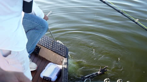 Man-on-boat-pulls-large-alligator-from-water-with-large-hook,-slow-mo-medium-shot