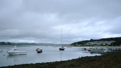 Courtmacsherry-panorama-waterfront-with-moored-boats,-County-Cork,-Ireland