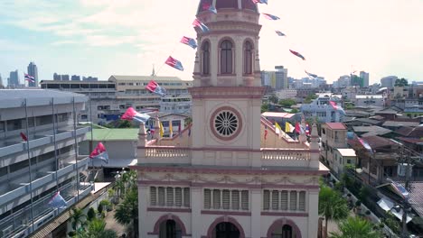 CLOSE-UP-Aerial-of-the-Santa-Cruz-Church-in-Bangkok,-Thailand