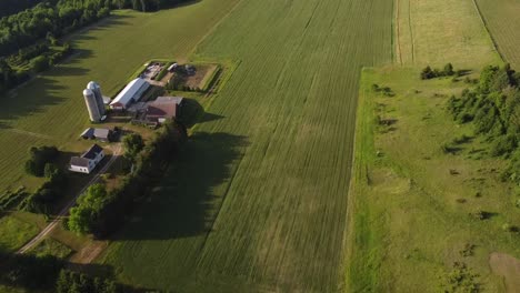 Silo-And-Farmhouse-In-The-Lush-Cherry-Orchard-In-Leelanau-County,-Michigan---aerial