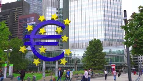 Frankfurt-Germany,-circa-:-EURO-sign-at-the-financial-district-in-Frankfurt,-Germany