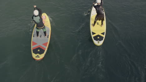 Two-people-on-paddleboards-pass-beneath,-high-angle,-slow-motion