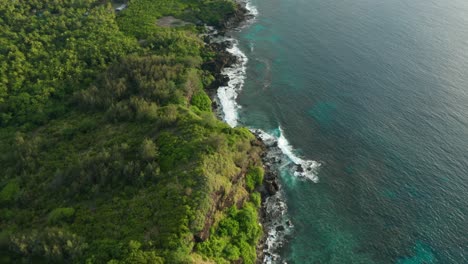 Waves-Crashing-On-The-Rocky-Shore-On-A-Sunny-Day-In-Fiji-Island---Aerial-Shot