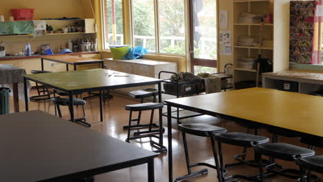 Empty-School-Art-Room-Due-To-Coronavirus-Lockdown,-PAN-LEFT