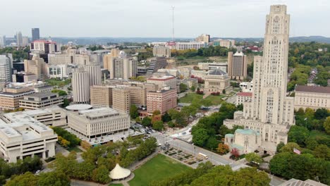 Universidad-De-Pittsburgh,-Toma-Aérea-De-Establecimiento-De-La-Catedral-Del-Aprendizaje,-Edificios-Académicos,-Dormitorios-Y-Horizonte-Urbano-De-La-Ciudad-En-La-Distancia,-Pennsylvania,-Estados-Unidos