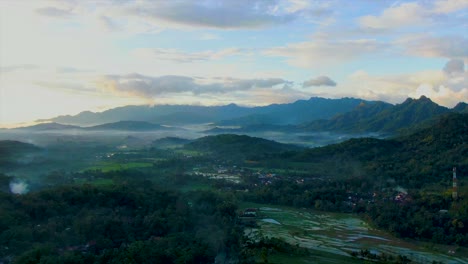 Scenic-view-of-Kajoran-village-and-rice-fields-at-dawn,-Java,-Indonesia