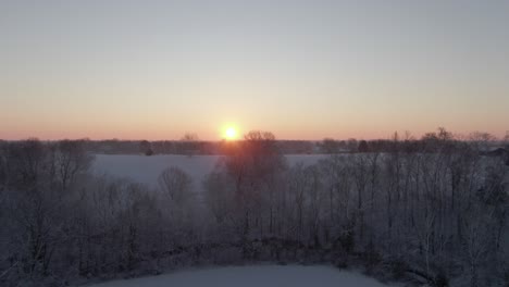 Erheben-Sie-Sich-über-Schneebedeckte-Bäume-Und-Felder-Und-Zeigen-Sie-Den-Sonnenaufgang-Am-Horizont