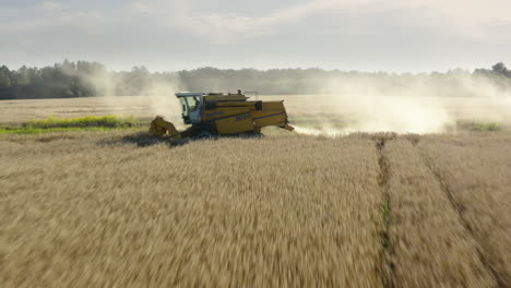 Combine-harvesting-dusty-rye-crop,-agricultural-agronomy,-aerial-view