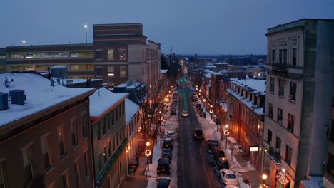 Rising-aerial-establishing-shot-of-city-in-USA-decorated-for-Christmas