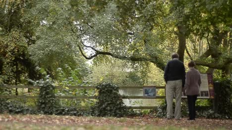 Couple-in-park-reading-signs-by-pond