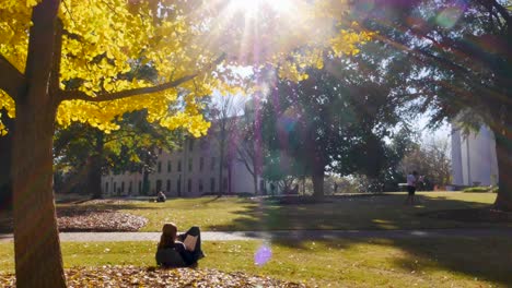 Athens,-GA---October-21,-2018:-Female-undergraduate-student-relaxing-and-reading-on-the-lawn-of-The-University-of-Georgia's-North-Campus-in-Athens,-Georgia-on-a-colorful-fall-day