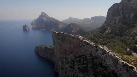 AERIAL:-Cape-Formentor-viewing-platform-with-cliff-coast-and-sea-on-Mallorca