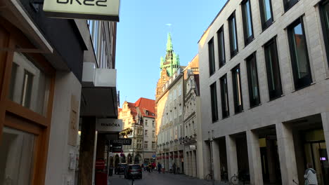 Beautiful-tilt-up-view-at-the-old-historic-city-of-Muenster,-Germany