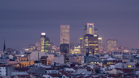Timelapse-of-Madrid-downtown-skyline-during-sunset-and-blue-hour