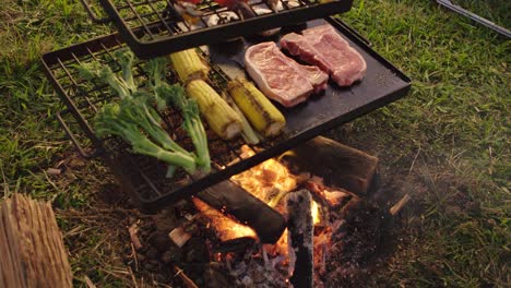 Open-campfire-barbeque-cooking-steak,-vegetables-and-skewers-in-the-afternoon-light