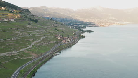 Beautiful-aerial-of-Swiss-countryside-near-Lake-Geneva