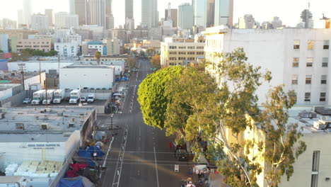 Drone-shot-showing-massive-homeless-encampment-in-Downtown-Los-Angeles's-Skid-Row