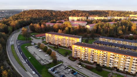 Aerial-view-of-residential-suburbs-area-in-Gothenburg,-Sweden,-sunset