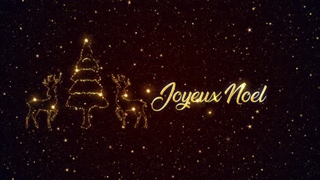 Beautiful-Seasonal-animated-motion-graphic-of-reindeers-and-Christmas-Tree-depicted-in-glittering-particles-on-a-starry-background,-with-the-seasonal-message-�Joyeux-Noel�-appearing