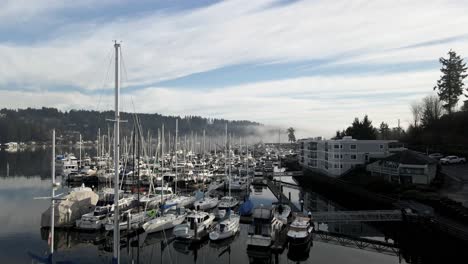 Reihen-Von-Segelbooten-Säumen-Das-Ufer-Des-Gig-Harbor,-Während-Der-Mount-Rainier-über-Dem-Nebel-Sichtbar-Wird,-Aus-Der-Luft