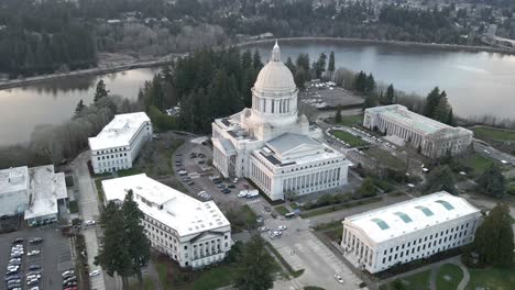 The-State-Patrol-and-the-National-Guard-protecting-the-Washington-State-Capitol,-aerial-orbit