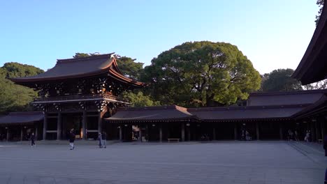 Slow-Motion-sideways-walk-across-wide-open-Meiji-Shrine-Grounds-in-Tokyo
