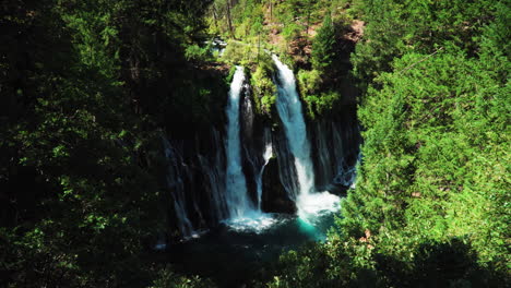 Looking-down-at-majestic-waterfalls-through-trees-at-Burney-Falls-California,-wide