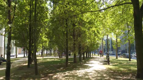 Langsame-Vorwärtsbewegung-Im-Stadtpark-In-Brüssel,-Belgien,-An-Einem-Warmen,-Sonnigen-Tag-Mit-Menschen,-Die-Im-Park-Sitzen-Und-Spazieren-Gehen