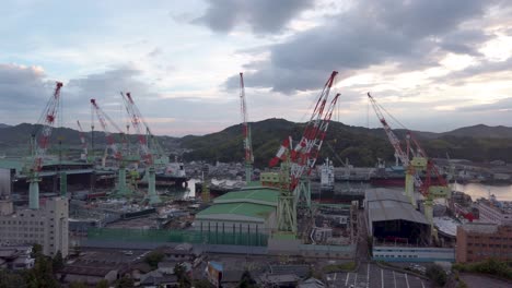 Shipyard-at-sunrise-in-Imabari,-Ehime-Prefecture-in-Japan